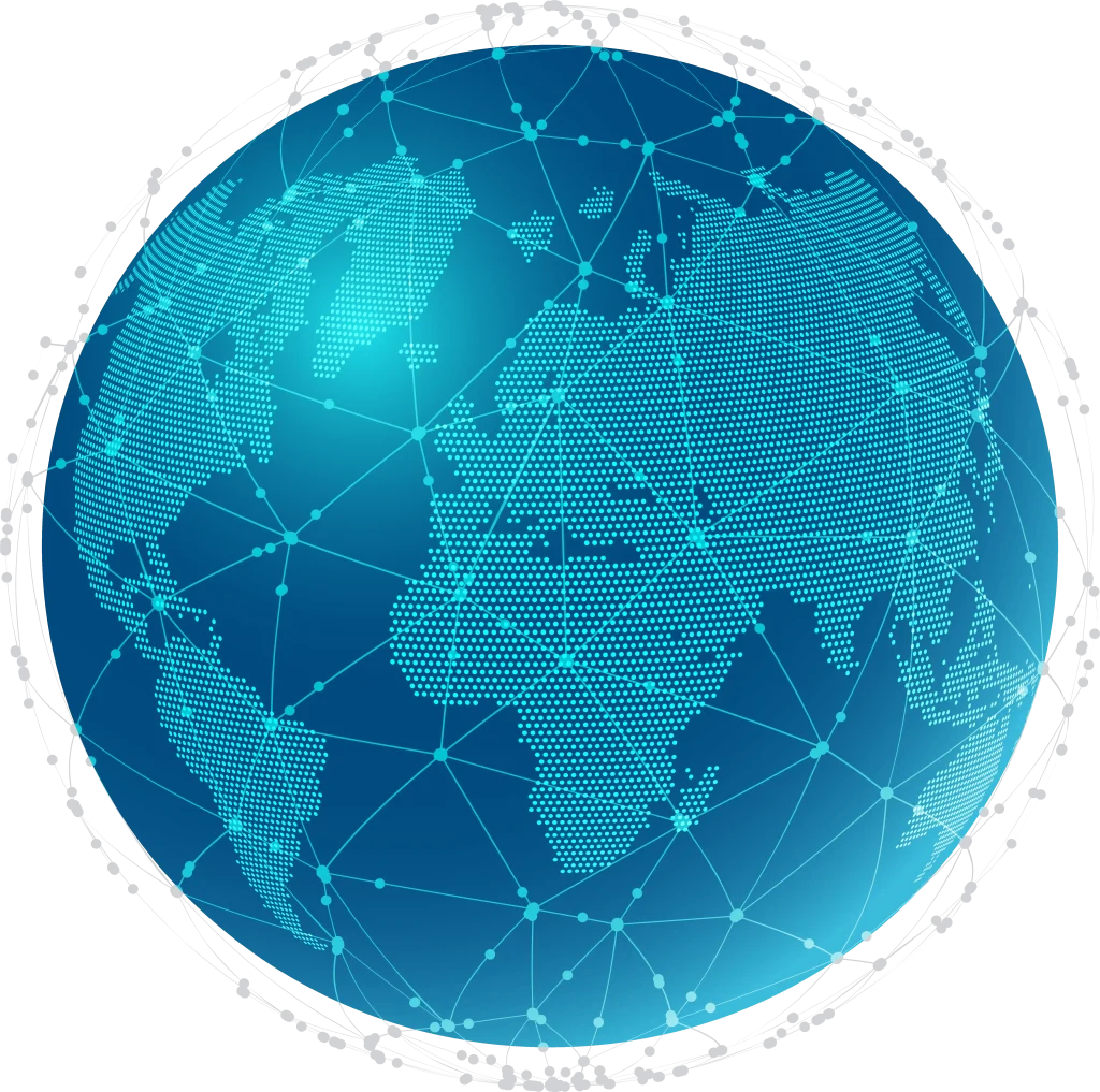 Digital illustration of Earth with continents depicted by blue dots, network lines, and connecting nodes, representing global connectivity and communications.