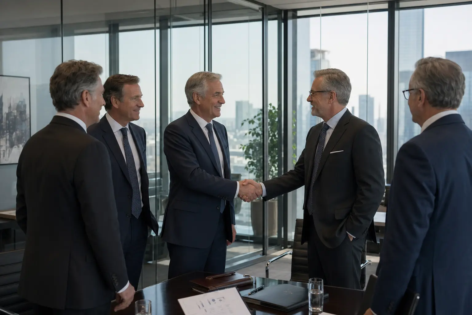 Four business men shaking hands in a modern office, symbolizing a successful partnership or agreement.
