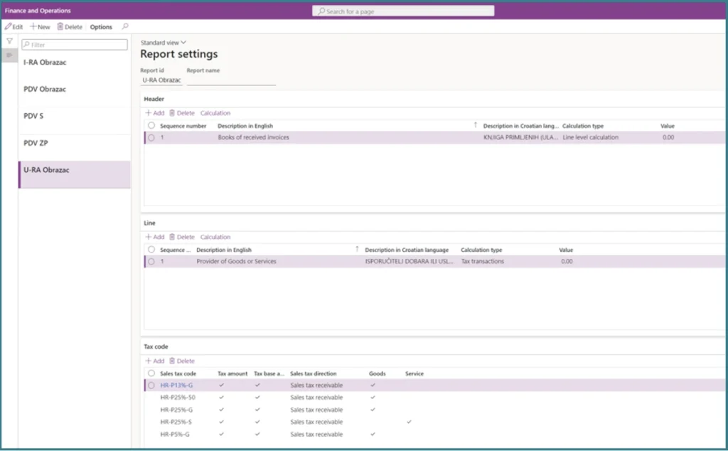 Report Settings for U-RA Obrazac
