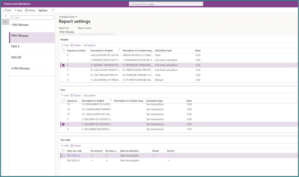 Report settings for PDV Obrazac